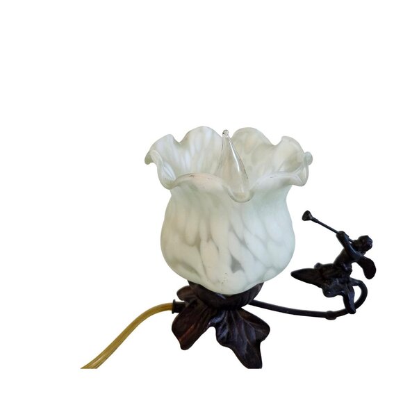 Vtg Bronze Cherub Small Lamp Blue Blown Glass Shade Tiffany Style - Picture 3 of 10